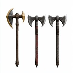 3D Render of a set of medieval throwing axes and daggers, on isolated white background