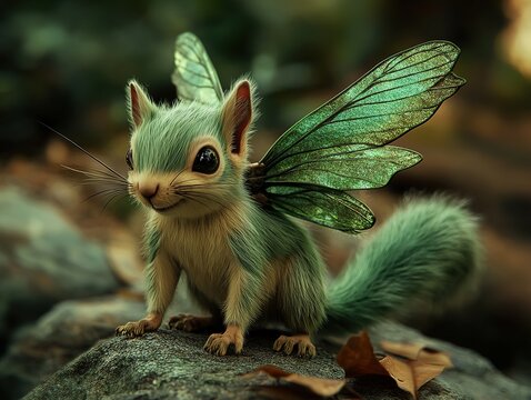 Enchanted Six-Legged Squirrel with Actias Luna Moth Wings and a Leafy Tendril Tail, a Whimsical Fantasy Creature in a Natural Wonderland