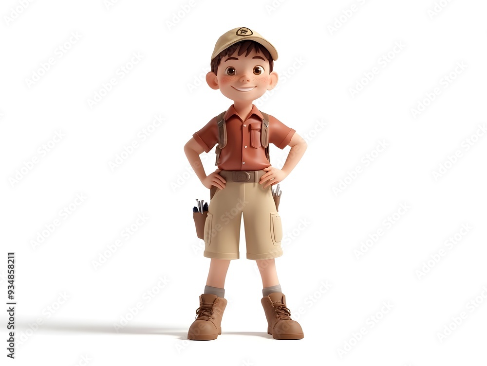 Poster 3d animated geologist boy in uniform standing isolated on white background digital render of a young