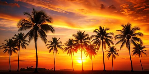 Summer background with tropical palm trees silhouetted against a vibrant orange sunset sky