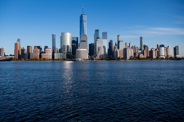 Obraz premium New York City skyline, cityscape of Manhattan in USA. New York City NYC Manhattan Downtown Skyline, viewed from Jersey City, New Jersey, USA.