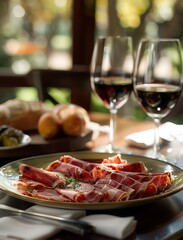 Artisan flatlay of Jamon Iberico with fresh herbs and gourmet spices