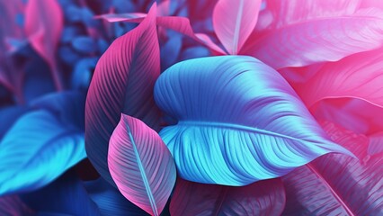 tropical leaves in pink and blue