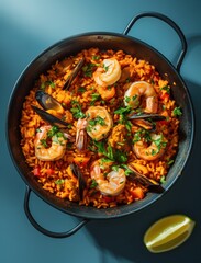 Artistic food photography of Spanish seafood paella with vibrant colors