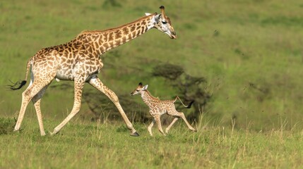 Obraz premium Giraffe mother and calf running through tall grass.