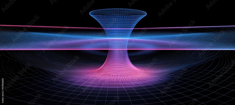 Poster vector depiction of a black hole with 3d objects reaching near escape velocity where 2d light and ma