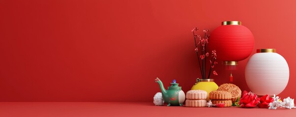 Festive Asian decorations with lanterns, teapot, and pastries on red background. Perfect for celebrations and cultural festivities