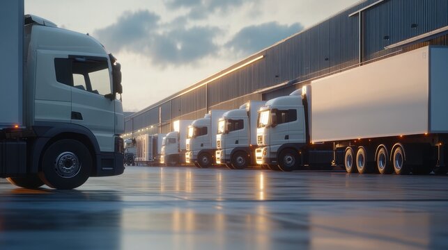 A row of white semi-trucks parked neatly at a loading dock, reflecting the early morning or late afternoon light on a polished concrete floor.