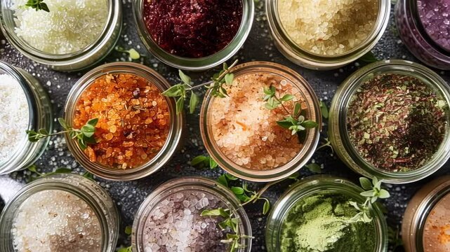 Different spices and herbs are presented in glass jars, shot from above on a dark background, creating a colorful culinary abstract