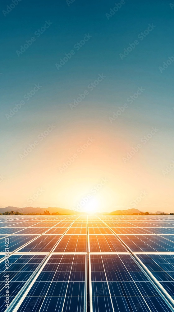 Poster a solar panel array in a sunlit field, symbolizing renewable energy, with plenty of copy space in th
