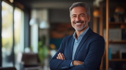Happy confident professional business man of mature standing in office. 40 years old business owner, company manager, smiling senior ceo executive, corporate leader at work.