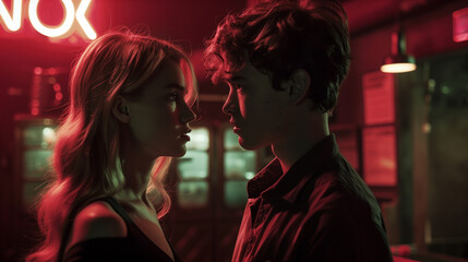 Two teenage lovers stand close together in front of a red neon sign.
