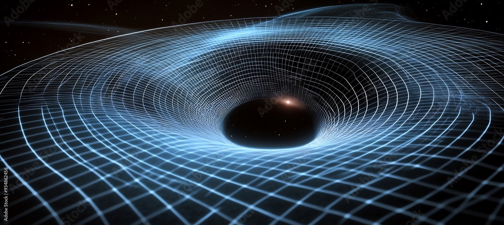 Poster vector illustration of a black hole with 3d particles on the brink of escape velocity where 2d space
