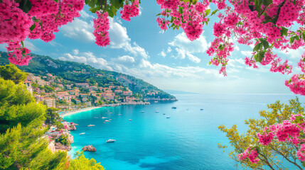 French Riviera view showcasing the luxury resort and bay of Villefranche-sur-Mer, situated near Nice and Monaco. The seafront landscape features vibrant azalea flowers in full bloom.