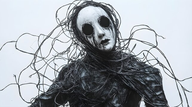 A ghostly puppeteer with tangled strings, wearing eerie Halloween party masks, dark surreal illustration, fine details, isolated on white background