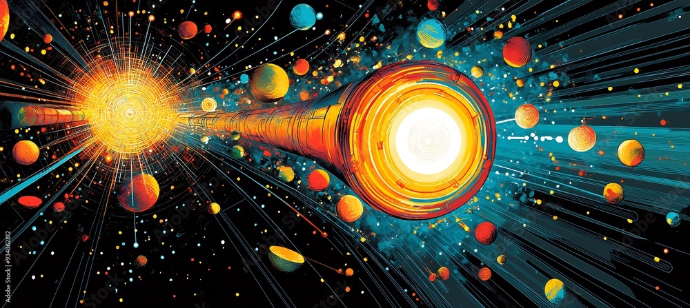 Poster vector illustration of a black hole with 3d particles on the brink of escape velocity where 2d space