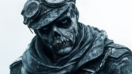 A ghostly war veteran in a ragged uniform, wearing a sinister Halloween mask, detailed and eerie, photorealistic, isolated on white background