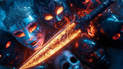 A glowing dagger with eerie, intricate carvings, surrounded by Halloween party masks in spooky styles, cinematic lighting, highly detailed, isolated on white background