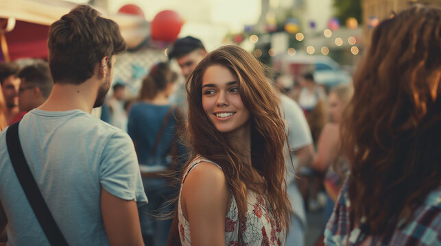 City Street Party: A woman mingling with others at a Labor Day block party, Labor Day, with copy space
