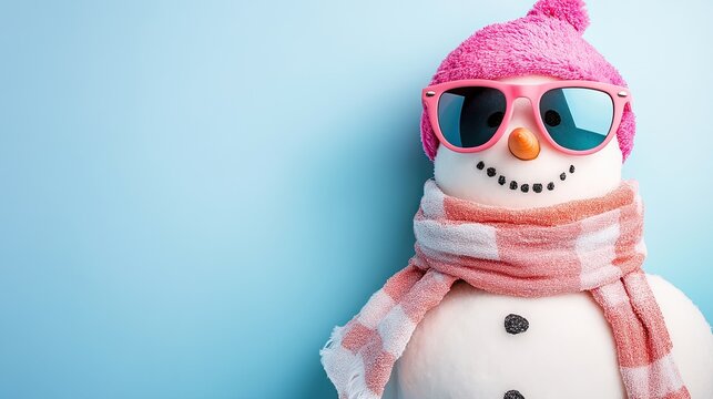 A cheerful snowman wearing sunglasses and a pink hat, standing against a light blue background during winter festivities