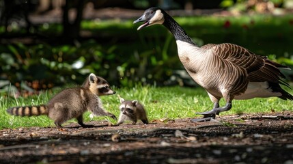 Goose and raccoons encounter in the park.