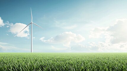 A wind turbine towering over a green field, representing eco-friendly energy, with expansive copy space in the sky for custom messaging or branding.