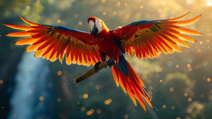 Scarlet Macaw in Flight with Spread Wings Against a Bokeh Background