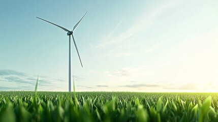 A wind turbine towering over a green field, representing eco-friendly energy, with expansive copy space in the sky for custom messaging or branding.
