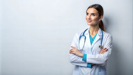 Fototapeta premium woman doctor in medical uniform standing with crossed ams wearing blue glow on a white background, copy space for text 