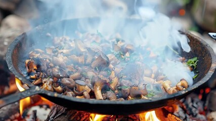 Wild mushrooms and herbs sizzle in a cast iron pan over an open fire, filling the air with fragrant smoke in a rustic outdoor cooking scene. Enjoy a gourmet, organic meal in the heart of the forest