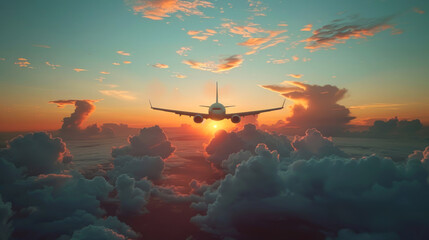 Airplane Flying Through Clouds at Sunset