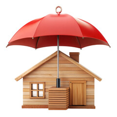Wooden house icon under red umbrella insurance concept