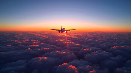 Airplane Flying Above a Sea of Clouds at Sunset