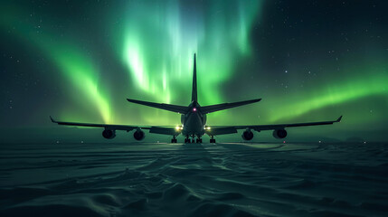 Naklejka premium Airplane Silhouetted Against Green Aurora Borealis