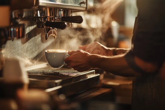 Focus on a barista hands as they expertly pour a latte art design. The steam from the coffee and the coffee shop&acirc;&euro;&trade;s cozy interior should be visible in the background. making coffe using coffee machin