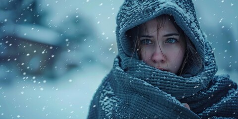 Young woman bundled in a blanket, trembling in chilly winter conditions.