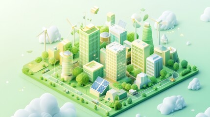 3D illustration of a city with green buildings. solar panel