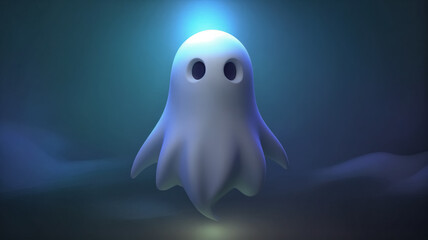 A ghost figure with large, round eyes, under a ray of light against a dark, gloomy backdrop with a hint of fog