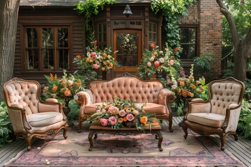 Elegant Vintage Furniture Surrounded by Lush Floral Arrangements in a Garden Setting