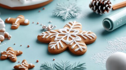 Detailed illustration of a gingerbread cookie decorating station with various icing colors and patterns.