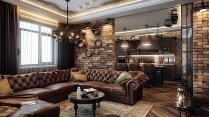 Cozy living room interior design with brown leather sofa and brick wall.