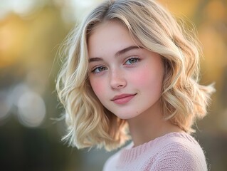 Naklejka premium Serene Teen Elegance: A 15-Year-Old Blonde in Pastel Sweater, Soft Waves, and Gentle Smile, Exuding Warmth and Youthful Charm
