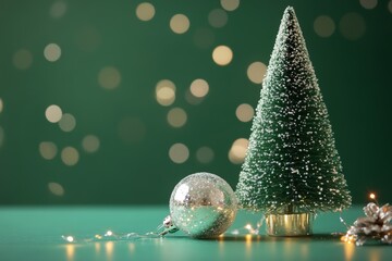 little chrismas tree and glass ball with green background and sparkling 