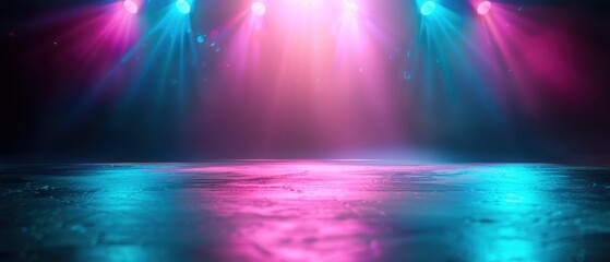 Festive Illumination, vibrant pink and blue spotlights illuminate a dark stage floor, creating a dynamic atmosphere ideal for events and celebrations, enhancing the ambiance.