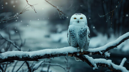 A Snowy Owl Perched on a Branch in a Wintery Forest