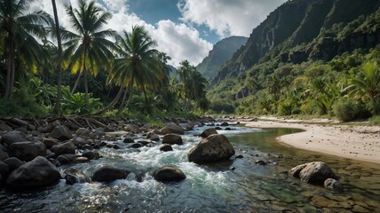Serene landscape with a clear river flowing over rocks, surrounded by lush greenery, palm trees, and towering mountains under a partly cloudy sky, creating a tranquil and picturesque scene.