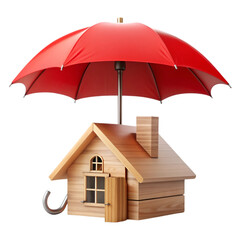 Wooden house icon under red umbrella insurance concept