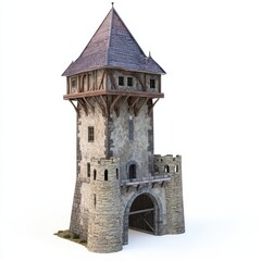 3D Render of a castle watchtower with a crenellated roof and archery slots, on isolated white background