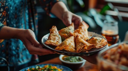  A woman offers a plate of fried samosas to a man during a cozy dinner, featuring authentic, homemade traditional dishes served in classic, local tableware, creating a warm, cultural dining experience