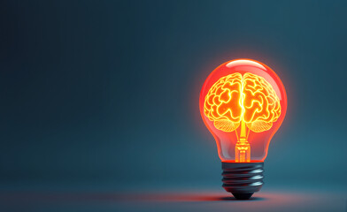 Human brain inside a light bulb on dark background.